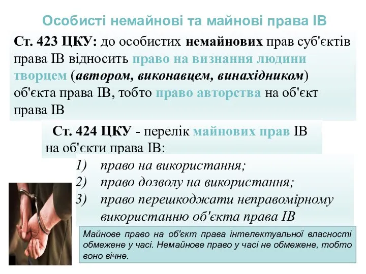 Ст. 423 ЦКУ: до особистих немайнових прав суб'єктів права ІВ відносить право