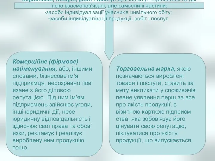 Інститут комерційних позначень забезпечує індивідуалізацію виробників, товарів, робіт і послуг. Цей інститут