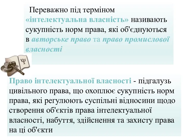 Переважно під терміном «інтелектуальна власність» називають сукупність норм права, які об'єднуються в