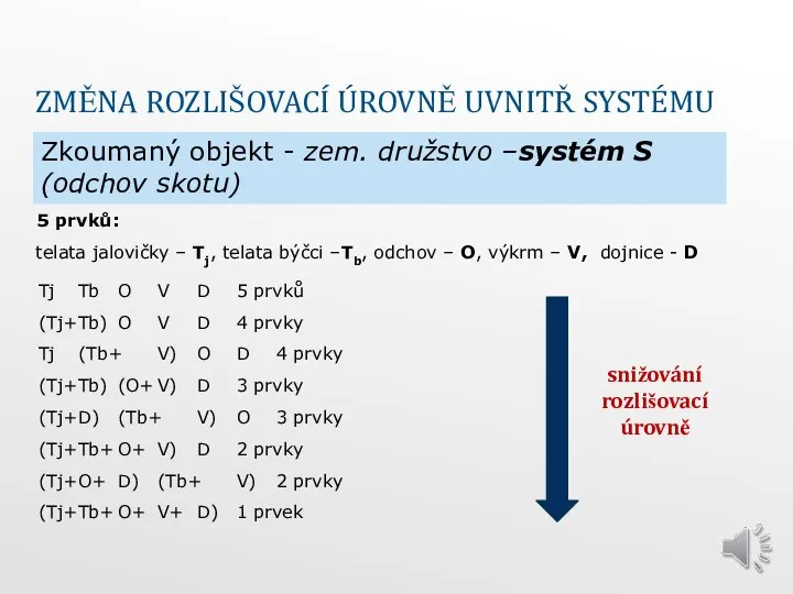 ZMĚNA ROZLIŠOVACÍ ÚROVNĚ UVNITŘ SYSTÉMU Zkoumaný objekt - zem. družstvo –systém S