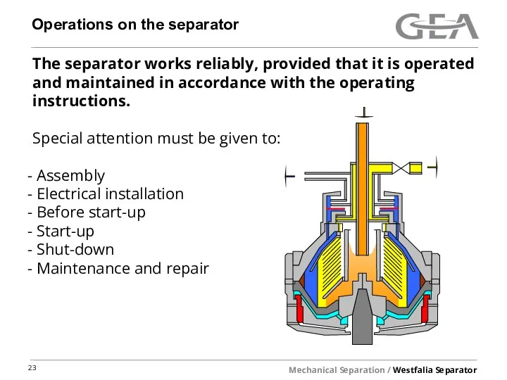 Operations on the separator The separator works reliably, provided that it is