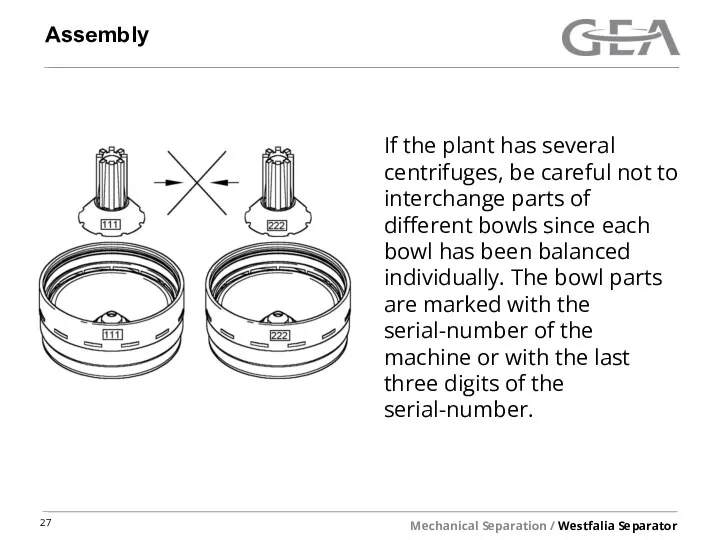 Assembly If the plant has several centrifuges, be careful not to interchange