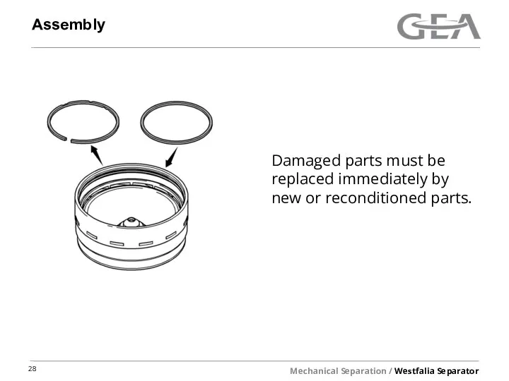 Assembly Damaged parts must be replaced immediately by new or reconditioned parts.
