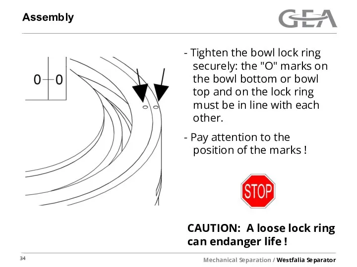 Assembly Tighten the bowl lock ring securely: the "O" marks on the