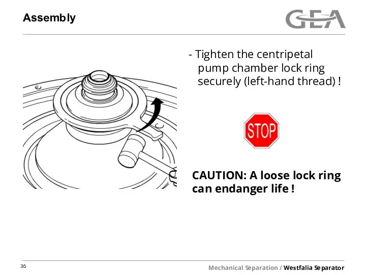 Assembly Tighten the centripetal pump chamber lock ring securely (left-hand thread) !