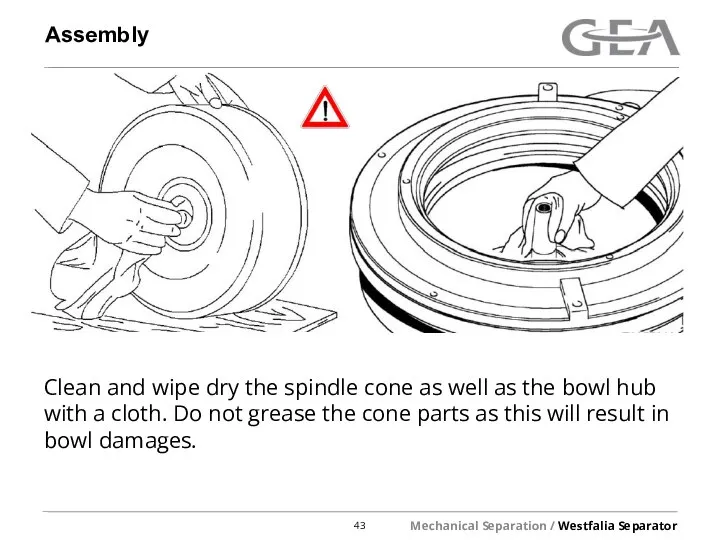 Assembly Clean and wipe dry the spindle cone as well as the