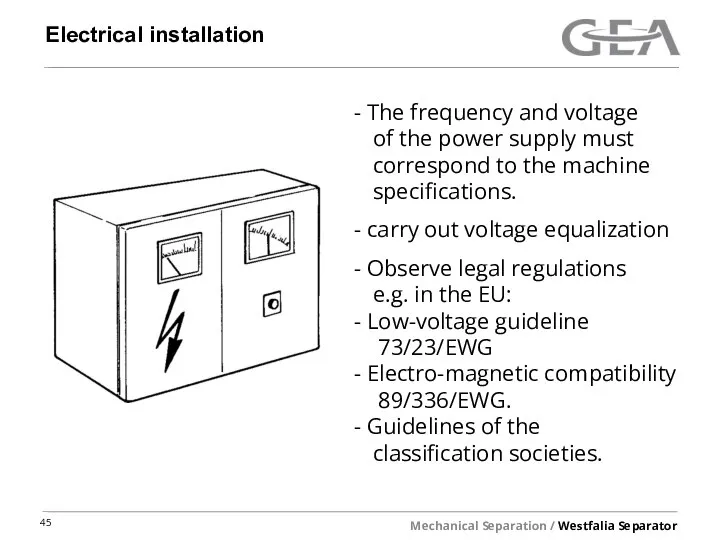 Electrical installation The frequency and voltage of the power supply must correspond