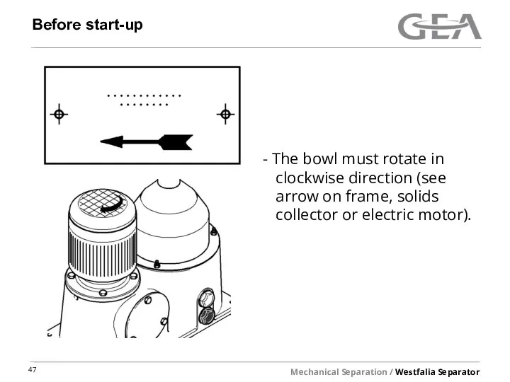 Before start-up The bowl must rotate in clockwise direction (see arrow on