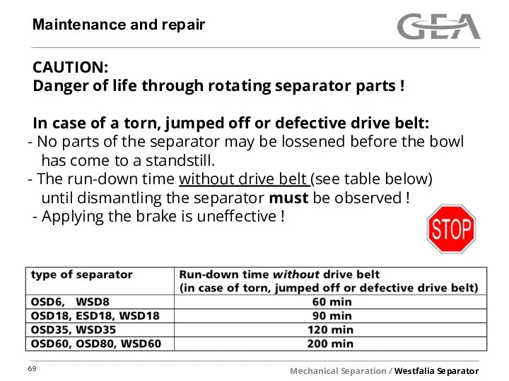 Maintenance and repair CAUTION: Danger of life through rotating separator parts !