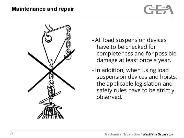 Maintenance and repair All load suspension devices have to be checked for