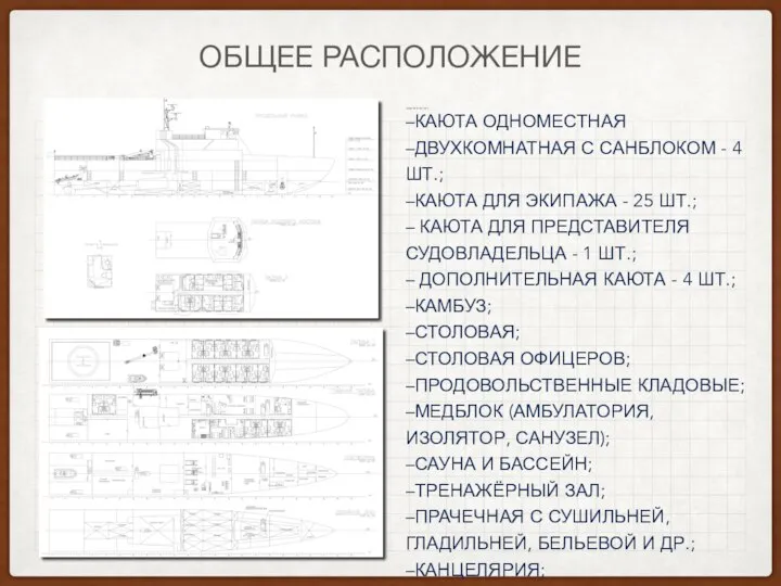 ОБЩЕЕ РАСПОЛОЖЕНИЕ –ХОДОВОЙ МОСТИК –КАЮТА ОДНОМЕСТНАЯ –ДВУХКОМНАТНАЯ С САНБЛОКОМ - 4 ШТ.;