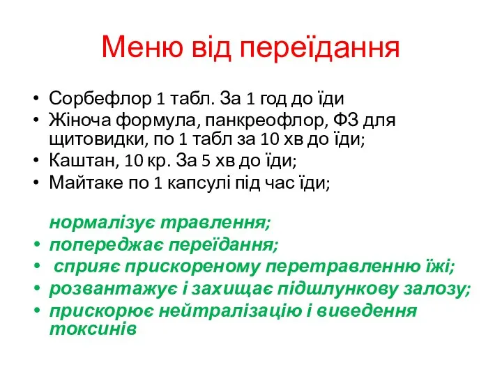 Меню від переїдання Сорбефлор 1 табл. За 1 год до їди Жіноча