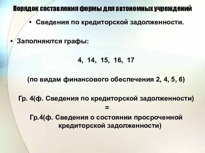 Порядок составления формы для автономных учреждений Сведения по кредиторской задолженности. Заполняются графы: