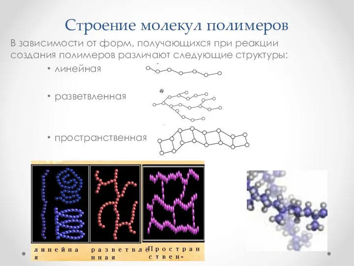 Строение молекул полимеров В зависимости от форм, получающихся при реакции создания полимеров