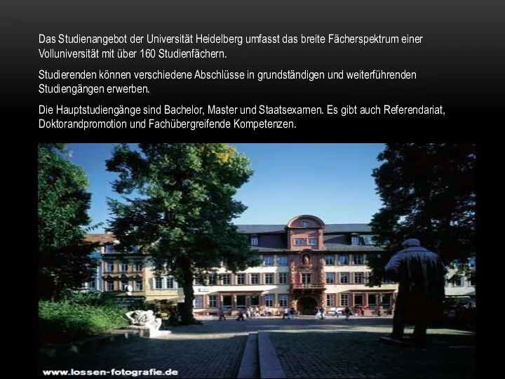 Das Studienangebot der Universität Heidelberg umfasst das breite Fächerspektrum einer Volluniversität mit