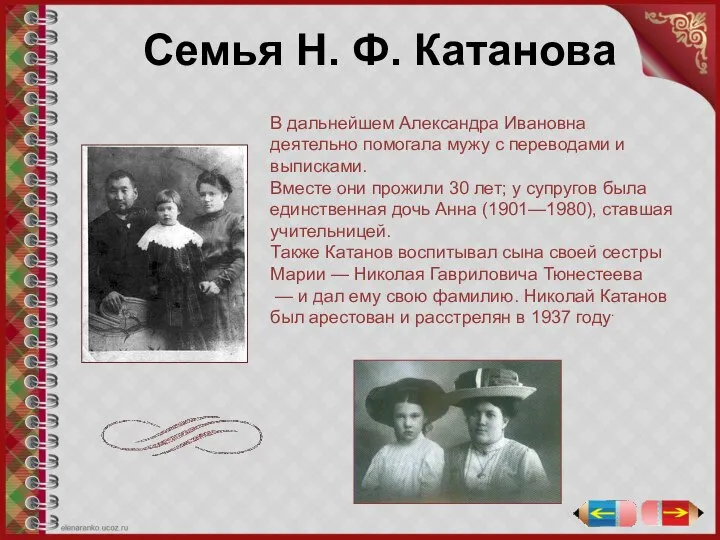 Семья Н. Ф. Катанова В дальнейшем Александра Ивановна деятельно помогала мужу с