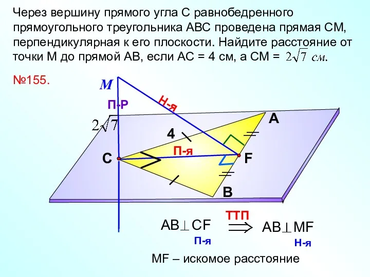 П-я Через вершину прямого угла С равнобедренного прямоугольного треугольника АВС проведена прямая