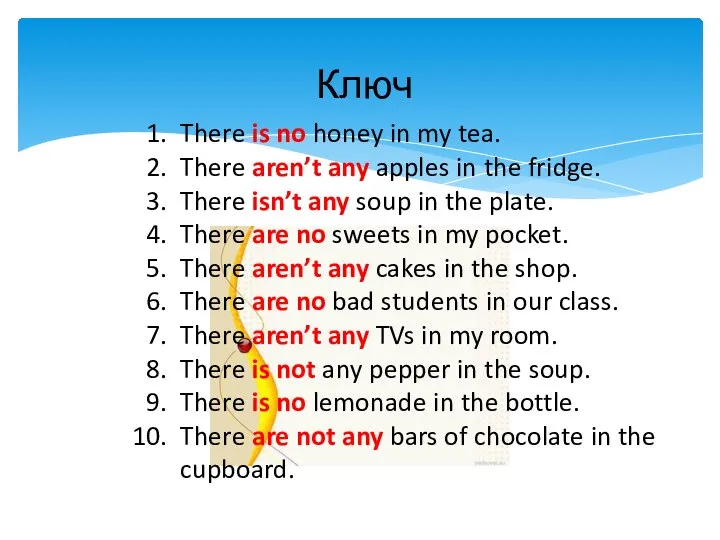 Ключ There is no honey in my tea. There aren’t any apples