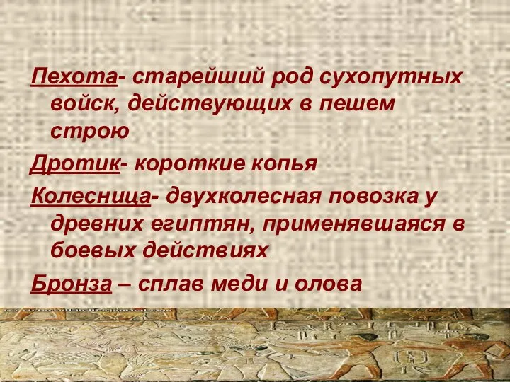 Пехота- старейший род сухопутных войск, действующих в пешем строю Дротик- короткие копья