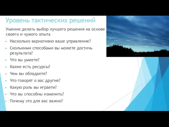 Уровень тактических решений Умение делать выбор лучшего решения на основе своего и