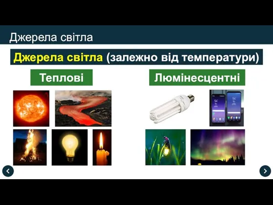 Джерела світла (залежно від температури) Джерела світла Теплові Люмінесцентні