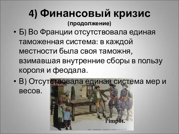 4) Финансовый кризис (продолжение) Б) Во Франции отсутствовала единая таможенная система: в