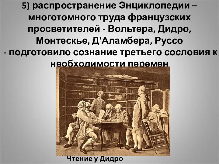 5) распространение Энциклопедии – многотомного труда французских просветителей - Вольтера, Дидро, Монтескье,