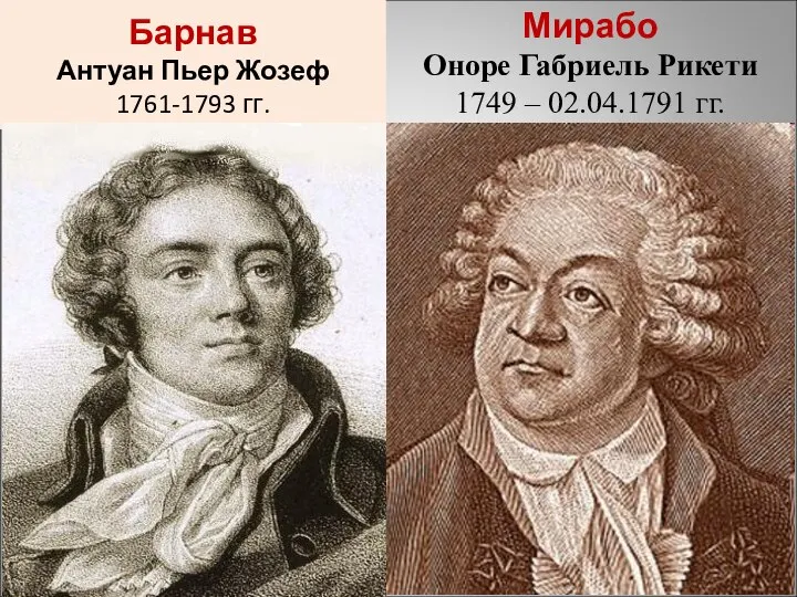 Барнав Антуан Пьер Жозеф 1761-1793 гг. Мирабо Оноре Габриель Рикети 1749 – 02.04.1791 гг.