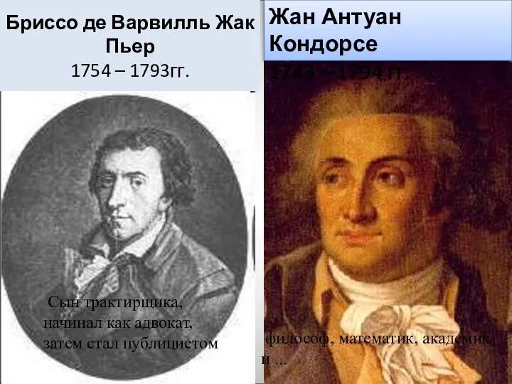 Бриссо де Варвилль Жак Пьер 1754 – 1793гг. Жан Антуан Кондорсе 1743