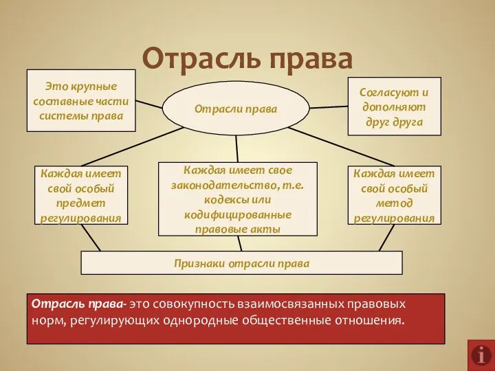 Отрасль права Отрасли права Каждая имеет свое законодательство, т.е. кодексы или кодифицированные