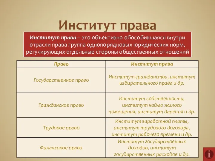 Институт права Институт права – это объективно обособившаяся внутри отрасли права группа