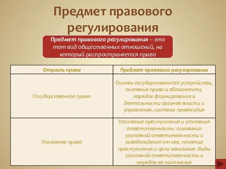 Предмет правового регулирования Предмет правового регулирования – это тот вид общественных отношений,