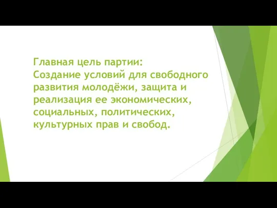 Главная цель партии: Создание условий для свободного развития молодёжи, защита и реализация