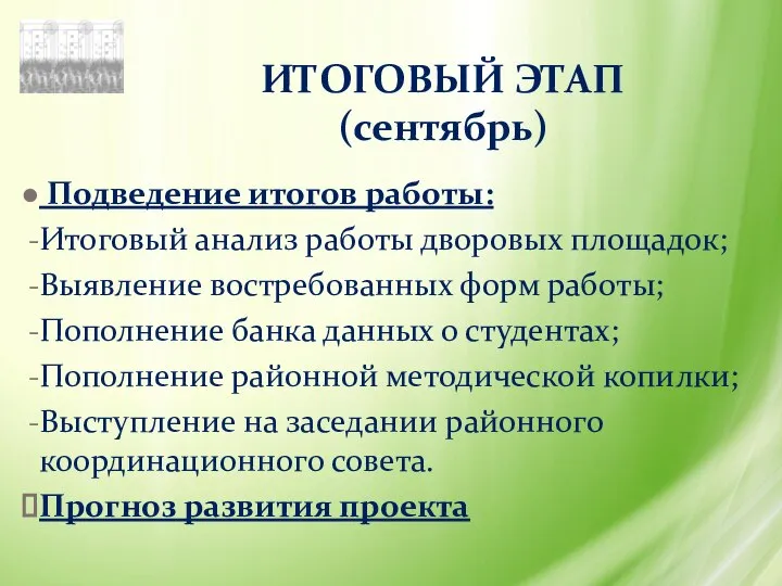 ИТОГОВЫЙ ЭТАП (сентябрь) Подведение итогов работы: Итоговый анализ работы дворовых площадок; Выявление