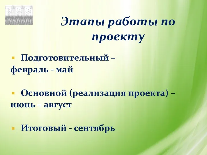 Этапы работы по проекту Подготовительный – февраль - май Основной (реализация проекта)