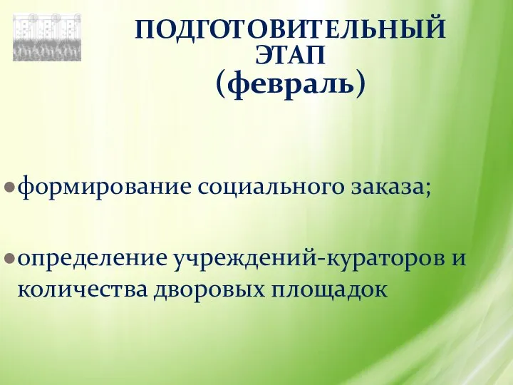 ПОДГОТОВИТЕЛЬНЫЙ ЭТАП (февраль) формирование социального заказа; определение учреждений-кураторов и количества дворовых площадок