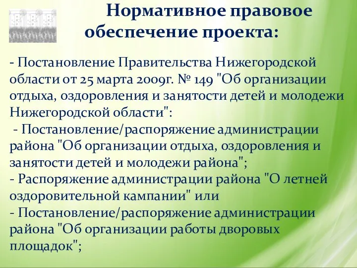 Нормативное правовое обеспечение проекта: - Постановление Правительства Нижегородской области от 25 марта