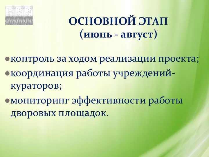 ОСНОВНОЙ ЭТАП (июнь - август) контроль за ходом реализации проекта; координация работы