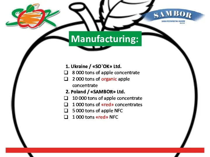 Manufacturing: 1. Ukraine / «SO`OK» Ltd. 8 000 tons of apple concentrate