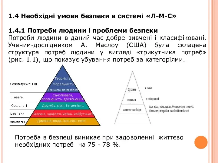 1.4 Необхідні умови безпеки в системі «Л-М-С» 1.4.1 Потреби людини і проблеми