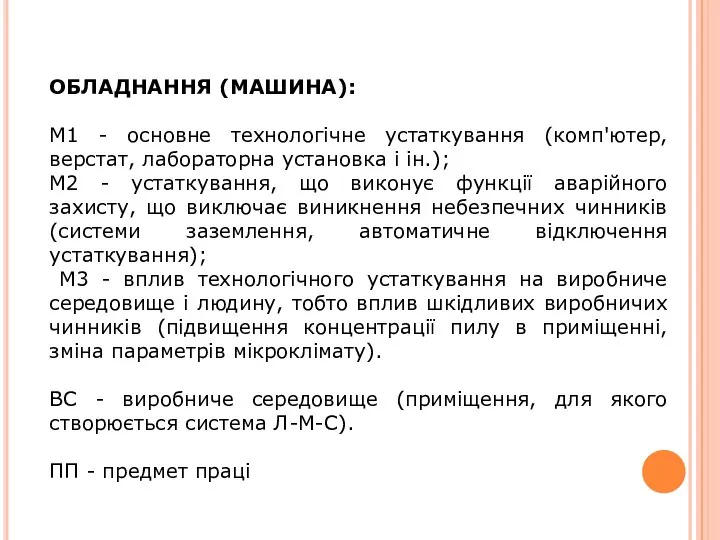 ОБЛАДНАННЯ (МАШИНА): М1 - основне технологічне устаткування (комп'ютер, верстат, лабораторна установка і