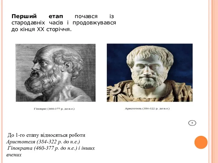 До 1-го етапу відносяться роботи Аристотеля (384-322 р. до н.е.) Гіпократа (460-377