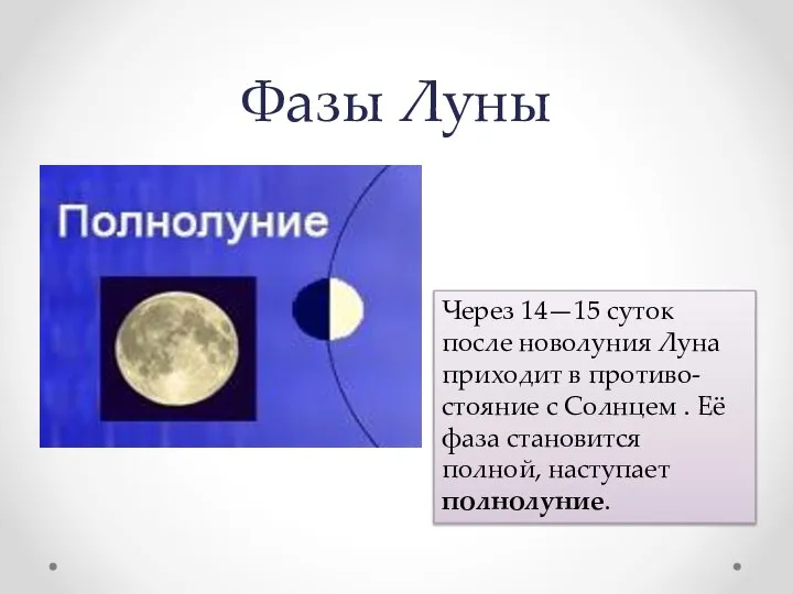 Фазы Луны Через 14—15 суток после новолуния Луна приходит в противо- стояние