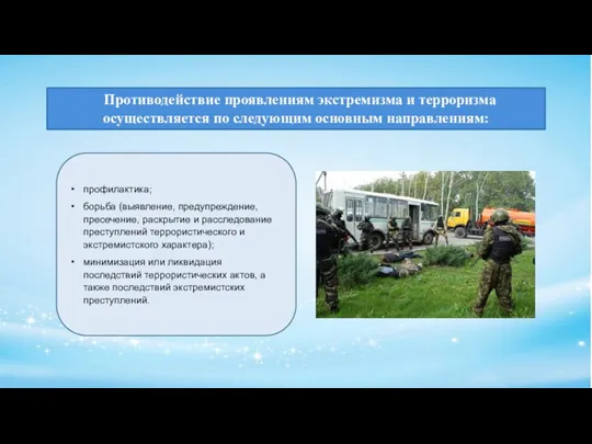 Противодействие проявлениям экстремизма и терроризма осуществляется по следующим основным направлениям: профилактика; борьба