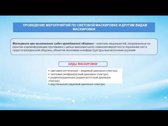 ПРОВЕДЕНИЕ МЕРОПРИЯТИЙ ПО СВЕТОВОЙ МАСКИРОВКЕ И ДРУГИМ ВИДАМ МАСКИРОВКИ Маскировка при выполнении