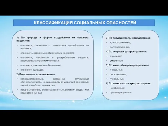 КЛАССИФИКАЦИЯ СОЦИАЛЬНЫХ ОПАСНОСТЕЙ 1) По природе и форме воздействия на человека выделяют: