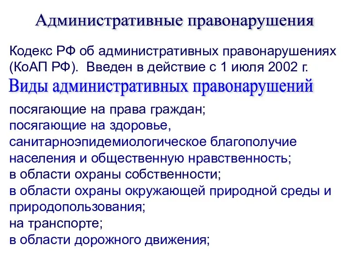 Административные правонарушения Кодекс РФ об административных правонарушениях (КоАП РФ). Введен в действие