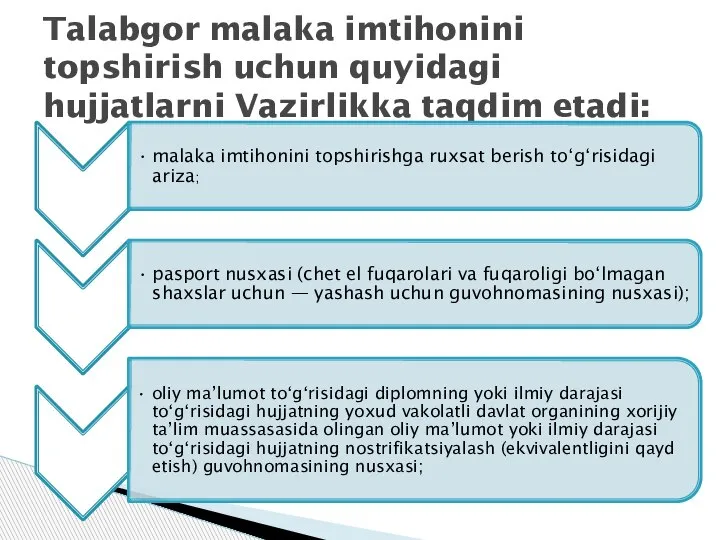 Talabgor malaka imtihonini topshirish uchun quyidagi hujjatlarni Vazirlikka taqdim etadi: