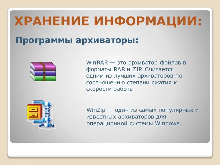 ХРАНЕНИЕ ИНФОРМАЦИИ: Программы архиваторы: WinRAR — это архиватор файлов в форматы RAR