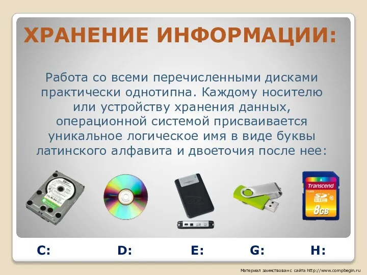 ХРАНЕНИЕ ИНФОРМАЦИИ: Материал заимствован с сайта http://www.compbegin.ru Работа со всеми перечисленными дисками